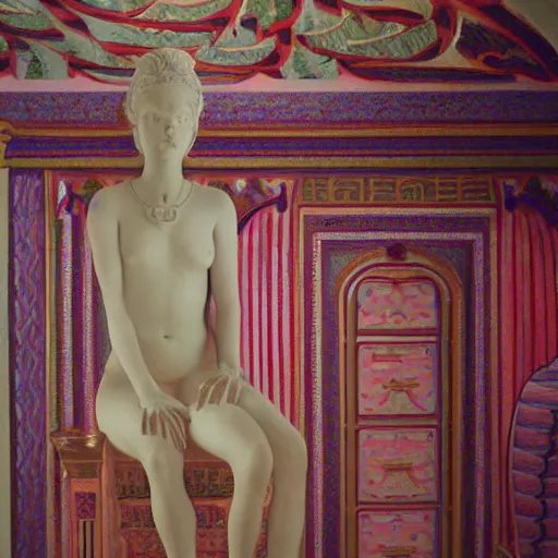 Image similar to close - up of a girl in a temple, film still by wes anderson, depicted by canova, limited color palette, very intricate, art nouveau, highly detailed, lights by hopper, soft pastel colors, minimalist