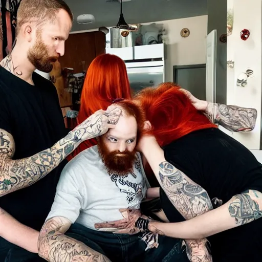 Prompt: photo of a slender attractive couple. The woman has long straight red orange hair. The man has a dark thick neatly groomed beard and tattoos. The man is giving the woman a haircut while she feeds a baby.