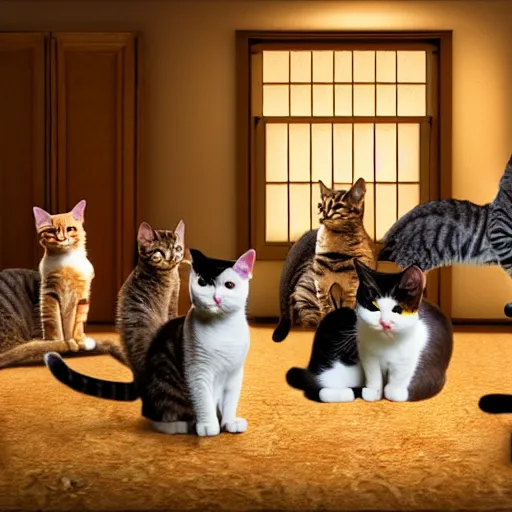 Prompt: many cats playing in a large colurful room, photorealistic, 4 k, highly detailed