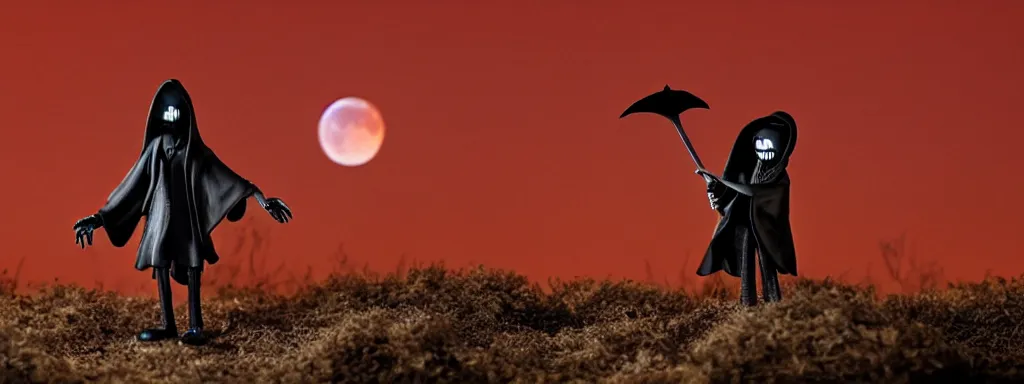 Prompt: Grim reaper in a park at night with a large blood moon in the distance, wide shot, claymation, by tim burton