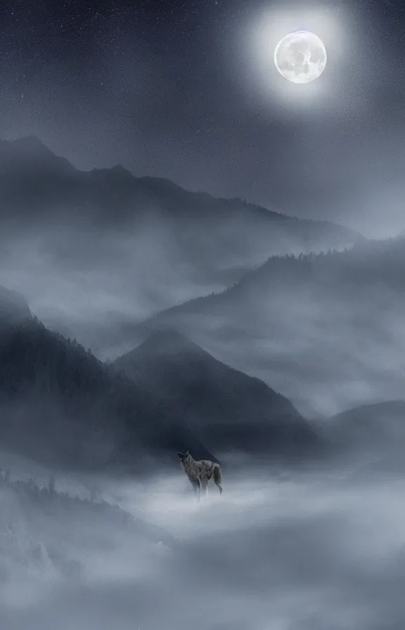 Image similar to a photograph of a wolf at full moon in a mountainous environment, full moon with fog and clouds, concept art, epic lighting, cinematographic