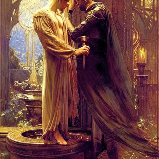 Image similar to handsome arthur pendragon in love with handsome merlin the mage. merlin is also in love with arthur. highly detailed painting by gaston bussiere, craig mullins, j. c. leyendecker