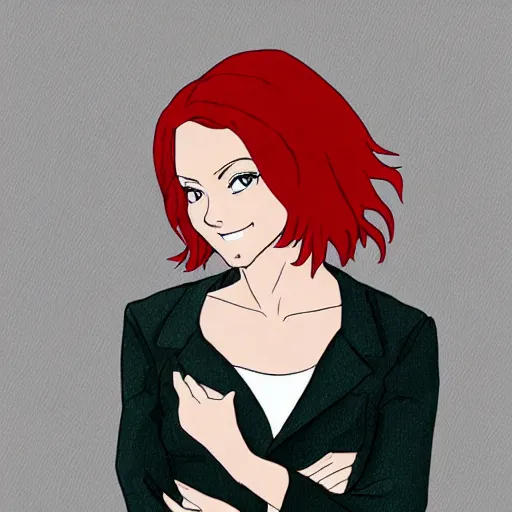 Prompt: Portrait of Jean Grey, a beautiful woman in her 30s, with red hair and green eyes, dressed casually, in the background is an elegant office, manga,