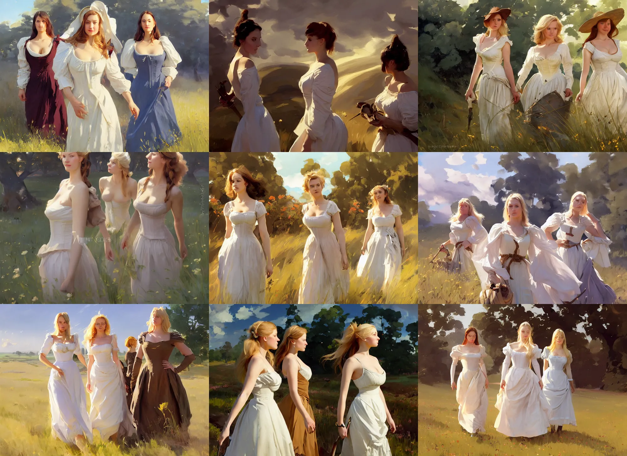 Prompt: three beautiful finnish norwegian swedish scandinavian attractive glamour models wearing 1 7 th century bodice with low neckline walking in the field in a sunny day, jodhpurs greg manchess painting by sargent and leyendecker, studio ghibli fantasy close - up shot asymmetrical intricate elegant matte painting illustration hearthstone, by greg rutkowski by greg tocchini by james gilleard