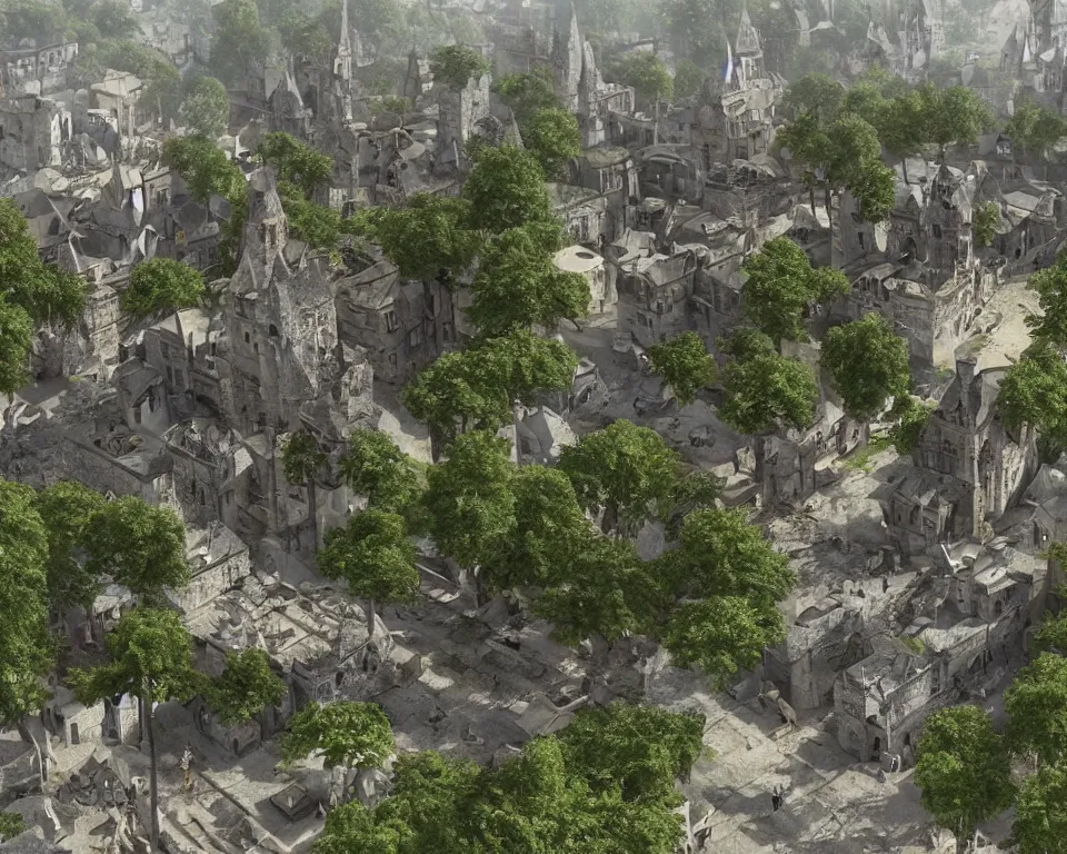 Image similar to medieval fae city, built into trees and stone, street view, unreal engine, hyperrealism