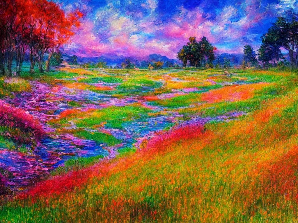 Prompt: an impressionist painting of a gorgeous meadow filled with colorful mushrooms with a stream flowing through it, psychedelic colors, colorful sky in background, trending on artstation