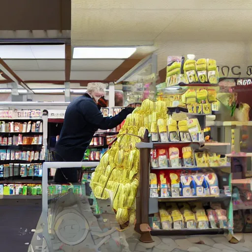 Image similar to a masked man at a self checkout stealing a banana, trending on artstation, depth field, unreal engine, cinematic, hyper realism, high detail, octane cinema 4 d render, a 2 4 cinematography, 8 k