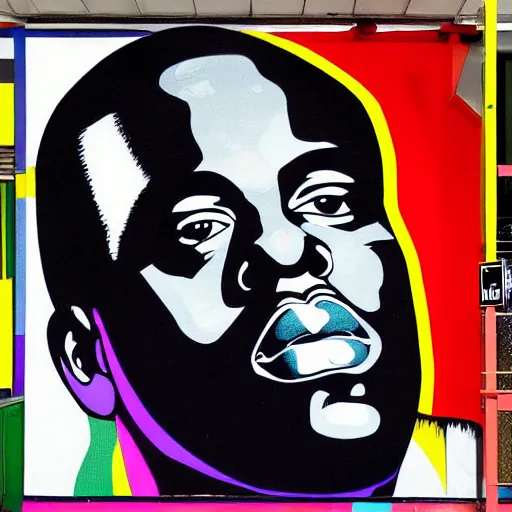 Prompt: Wall mural portrait of Notorious BIG, urban art, pop art, artgerm, by Roy Lichtenstein