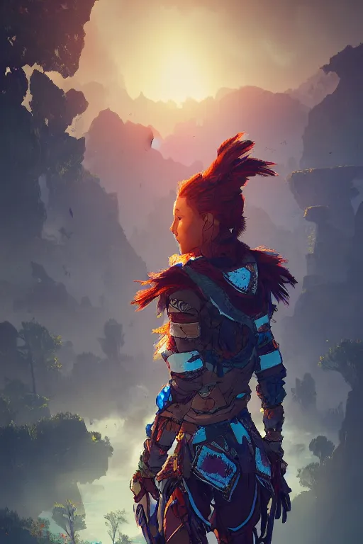 Image similar to combination suit armor aloy horizon forbidden west horizon zero dawn radiating a glowing aura global illumination ray tracing hdr fanart arstation by ian pesty and alena aenami artworks in 4 k tribal robot ninja mask helmet backpack