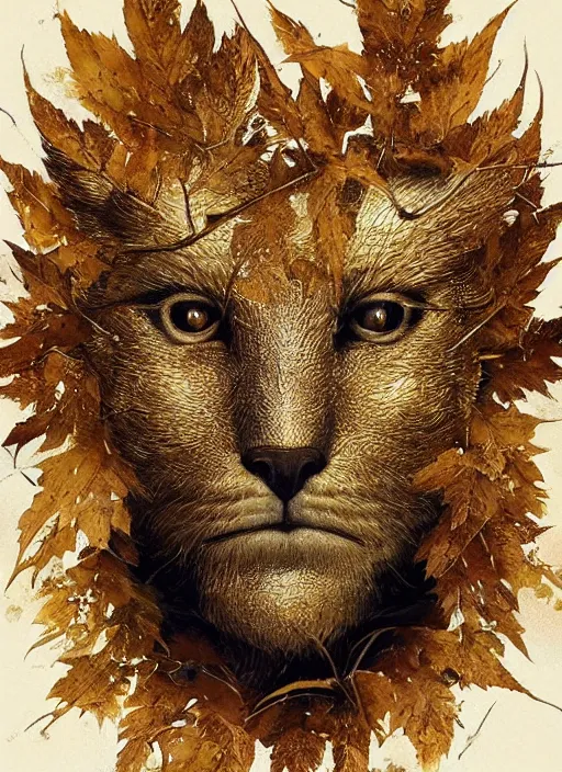 Image similar to golden leaves at frame border, creative!!! composition for a book cover, absurdly beautiful, ultrafine hyperrealistic detailed animal face by wlop and artgerm and greg rutkowski, intricate linework, sharp focus, smooth, octopath traveler, final fantasy, unreal engine, dramatic lighting, ethereal, 8 k