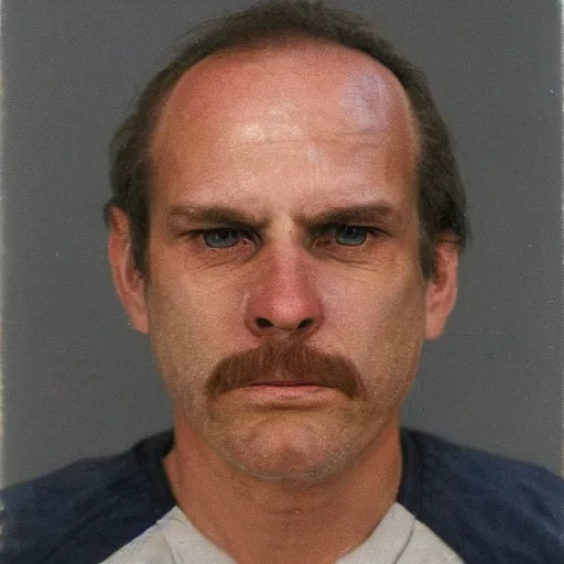 Prompt: A mugshot portrait of a middle aged man who looks like Jerma985 with a receding hairline and short mid-length wavy hair, wearing mid-1980s menswear in the late 2008, taken in the late 1980s, grainy, realistic, hyperrealistic, very realistic, highly detailed, very detailed, extremely detailed, detailed, trending on artstation, front facing, front view, headshot and bodyshot, detailed face, very detailed face