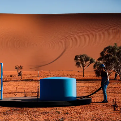 Image similar to robotic 3d printer printing a domed house frame in the australian desert, supervised by a group of three women, XF IQ4, 150MP, 50mm, F1.4, ISO 200, 1/160s, dawn