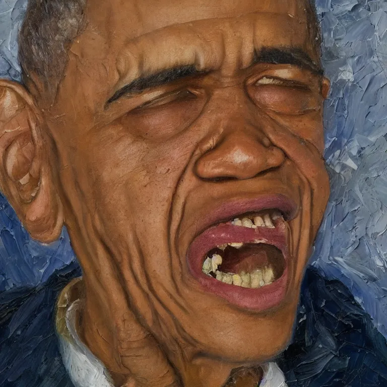 Prompt: warmly lit close up studio portrait of very old angry! Barack Obama age 115 angrily singing, impasto oil painting thick brushstrokes by Cy Twombly and Anselm Kiefer , trending on artstation dramatic lighting Expressionism