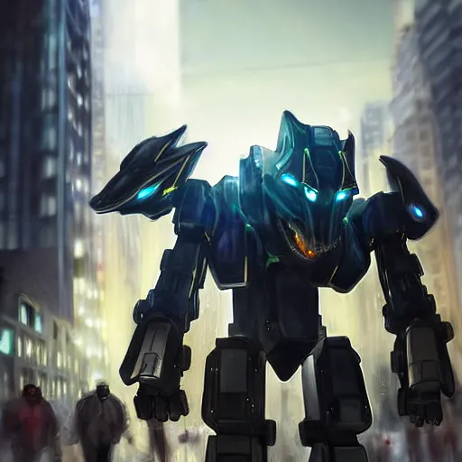 Image similar to hyper realistic, photographic, highly detailed cinematic full body shot of a 4 legged giant mecha canine, sharp claws, sleek armor, glowing visor, charging through city, destroying city, digital art, furry art, dragon art, zoids art, furaffinity, deviantart