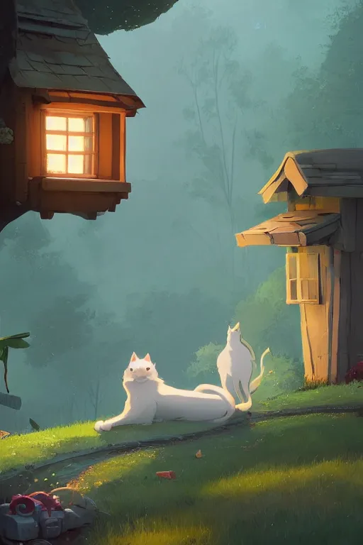 Image similar to a moment of pure bliss, the white cat in front of the small house in the forest, cory loftis, james gilleard, atey ghailan, goro fujita, character art, exquisite lighting, clear focus, very coherent, plain background, dramatic painting