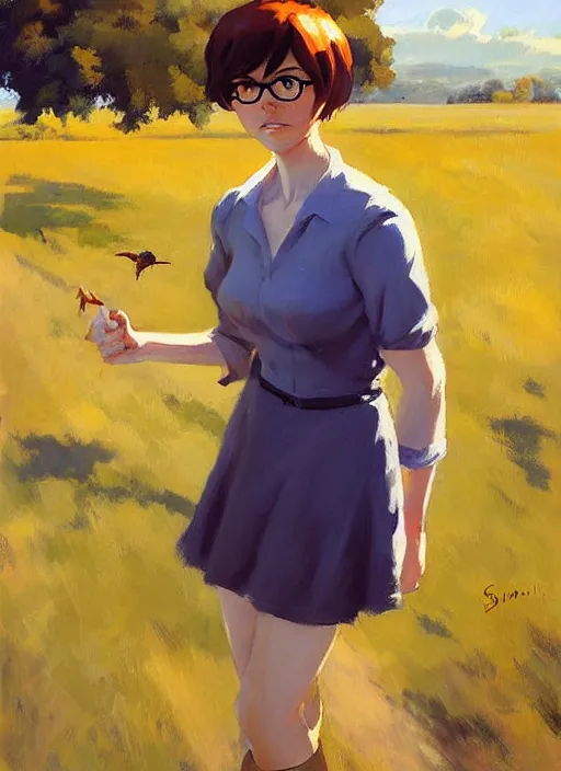 Image similar to Greg Manchess painting of grown-up Velma Dinkley, winged eyelashes, countryside, calm, fantasy character portrait, dark outlines, dynamic pose, above view, sunny day, artwork by Makoto Shinkai, very coherent asymmetrical artwork, sharp edges, perfect face, simple form, 100mm