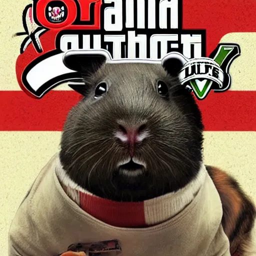 Image similar to a guinea pig in the style of gta 5 cover art