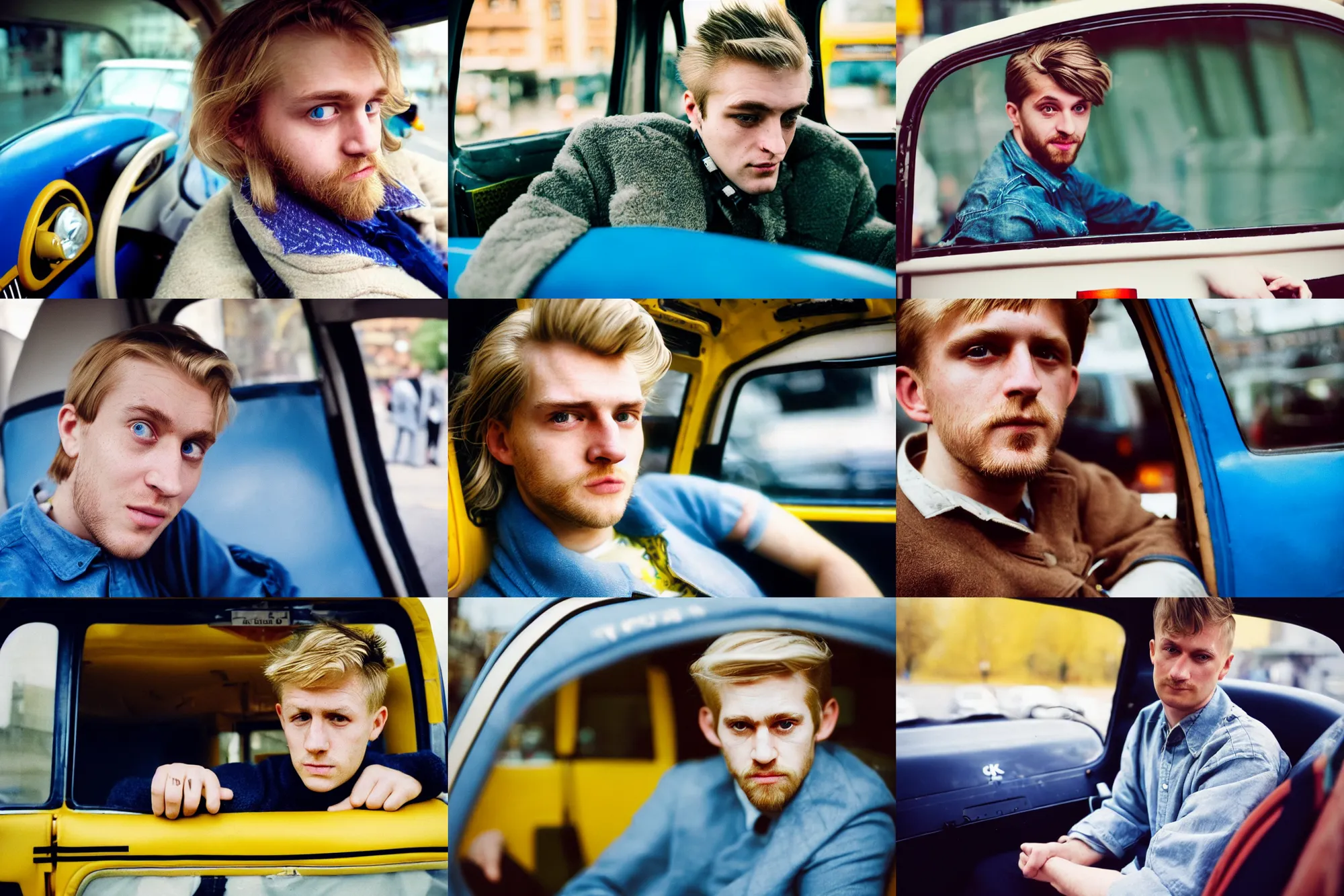 Image similar to candid photo of a Caucasian man sat in back of a UK taxi, Kodak Portra 400,8K,highly detailed: beautiful perspective extreme closeup portrait photo in style of 2000s retrofuturism, photography fashion edition, tilt shift, highly detailed, focus on man ;blonde hair;blue eyes, clear eyes, soft lighting