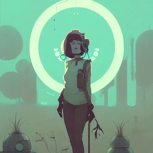 Image similar to portrait of solarpunk green witch by atey ghailan, by greg rutkowski, by simon stalenhag, by greg tocchini, by james gilleard, by joe fenton, by kaethe butcher dynamic lighting, gradient light blue, brown, blonde cream and white color scheme, grunge aesthetic