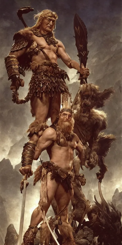 Prompt: kirk douglas as a barbarian, with a beautiful fantasy maiden, dungeons and dragons, masterpiece by edgar maxence and ross tran and michael whelan, gustav dore, 8 k, octane render