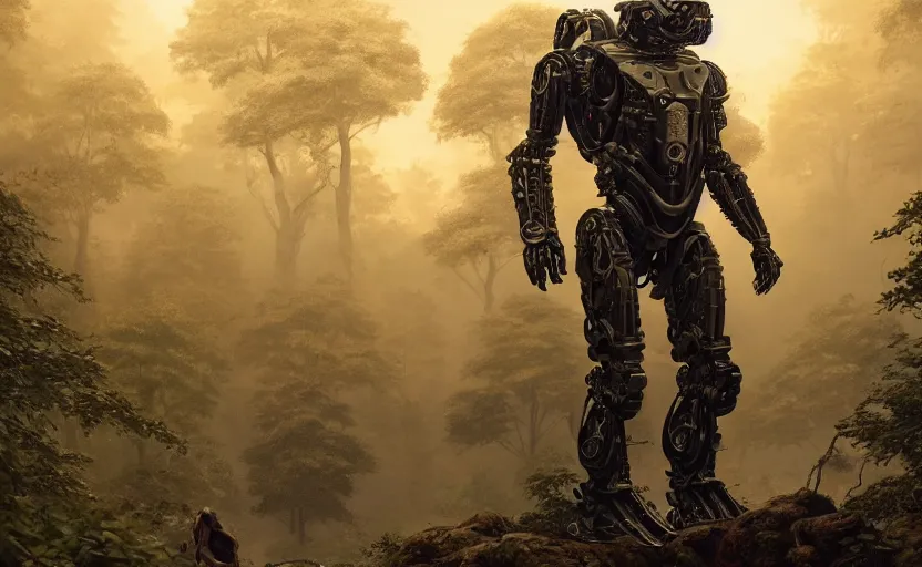 Image similar to detailed intricate digital illustration by greg rutkowski and artgerm and wlop and sanford robinson gifford ; bearded man in an advanced warfare exoskeleton mech suit, standing in the yggdrasil forest large trees ; 1 3 mm film, arri alfa anamorphic lens ; sharp focus, golden hour lighting, trending on artstation 4 k ; close view