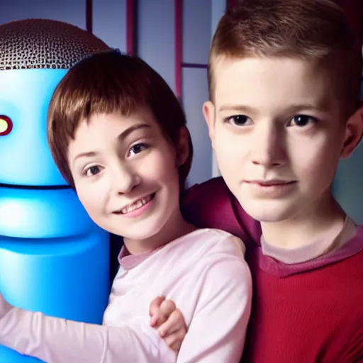 Image similar to a handsome young android family with a young boy, scene from a future world where nanotechnology is ubiquitous