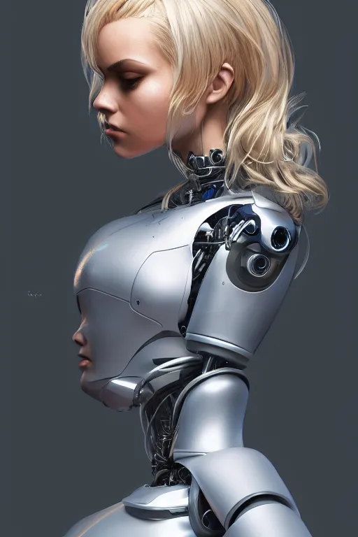 Image similar to a beautiful woman with blonde hair wearing robot suit with wires and light, highly detailed, photorealistic, artstation, smooth