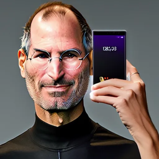 Prompt: steve jobs holding up a samsung phone, xf iq 4, f / 1. 4, iso 2 0 0, 1 / 1 6 0 s, 8 k, raw, unedited, symmetrical balance, in - frame, sharpened