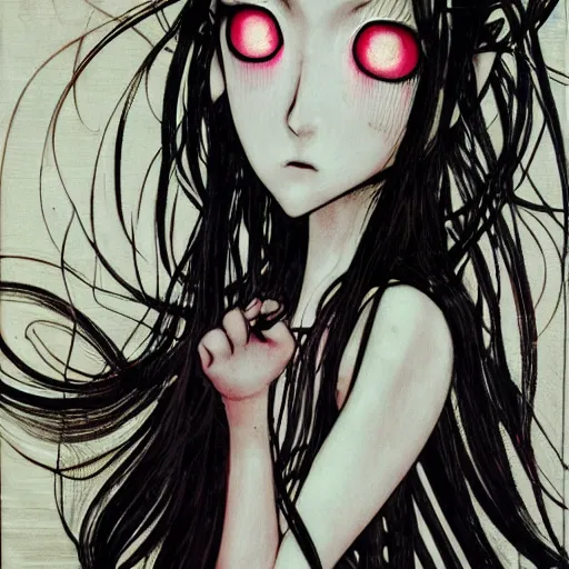 Image similar to yoshitaka amano realistic illustration of a sinister anime girl with black eyes and long wavy white hair wearing dress suit with tie and surrounded by abstract junji ito style patterns in the background, blurry and dreamy illustration, noisy film grain effect, highly detailed, oil painting with expressive brush strokes, weird portrait angle
