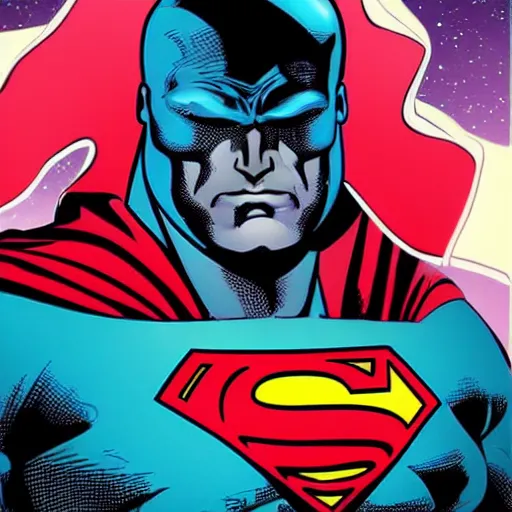 Image similar to portrait of superman as darkseid, in space, on abandoned planet