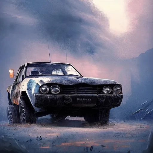 Prompt: a Dacia 1310 car in Mad Max, coriolios rpg art style, full of details, dark sci-fi, cold blue colors, matte painting, artstation, 8k, hyperrealistic, style of peter mohrbacher