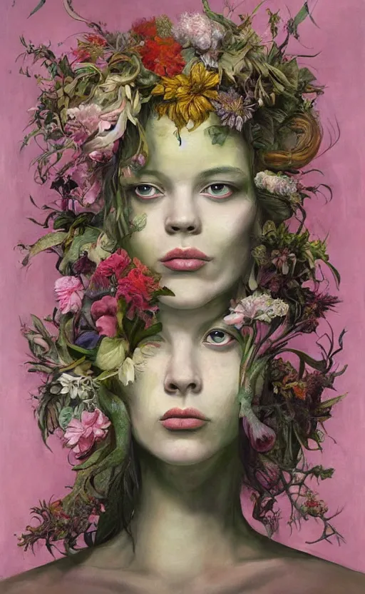 Image similar to a painting of a young woman with a head made of flowers, a surrealist painting by Marco Mazzoni and Dorothea Tanning cgsociety, neo-figurative, detailed painting, rococo, oil on canvas, seapunk, lovecraftian
