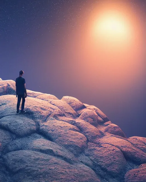 Image similar to a man standing in the middle of a mountain looking at a glowy shape, a render by filip hodas, behance contest winner, environmental art, rendered in cinema 4 d, volumetric lighting