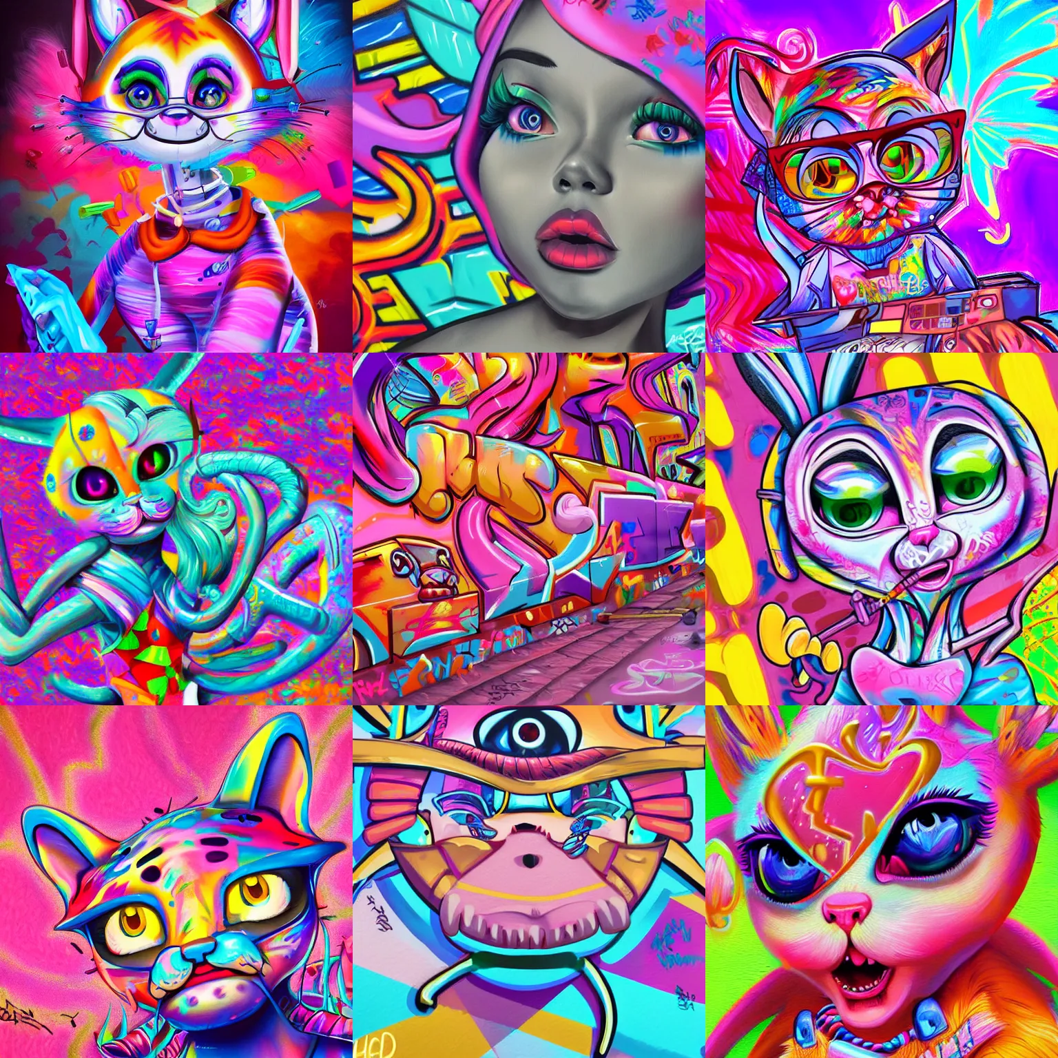 Prompt: graffiti, highly detailed, digital painting, artstation, concept art, sharp focus, illustration, by lisa frank