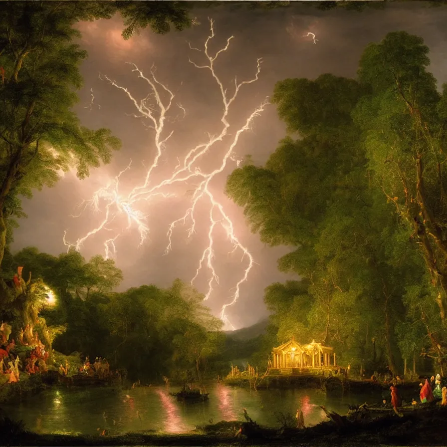 Image similar to a night carnival around a magical in a summer storm, tree cavity with a music scenario with many fireworks and christmas lights, next to a lake with iridiscent lake water, volumetric lightning, folklore people disguised with fantastic creatures in a magical forest by summer night, masterpiece painted by thomas cole, scene by dark night environment, refraction lights, five star stories