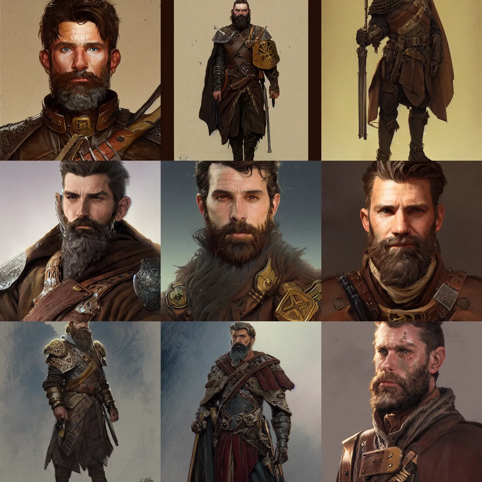 Image similar to portrait of a ruggedly handsome wizard soldier with short brown hair and beard wearing a leather armor and a cape, fantasy, highly detailed, digital painting, artstation, concept art, character art, art by greg rutkowski and tyler jacobson and alphonse mucha