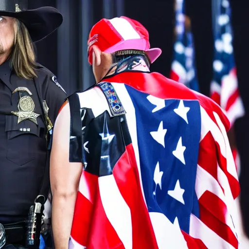 Image similar to kid rock being arrested for disparaging the american flag by wearing it as a dress, highly detailed, photographic, 4 k