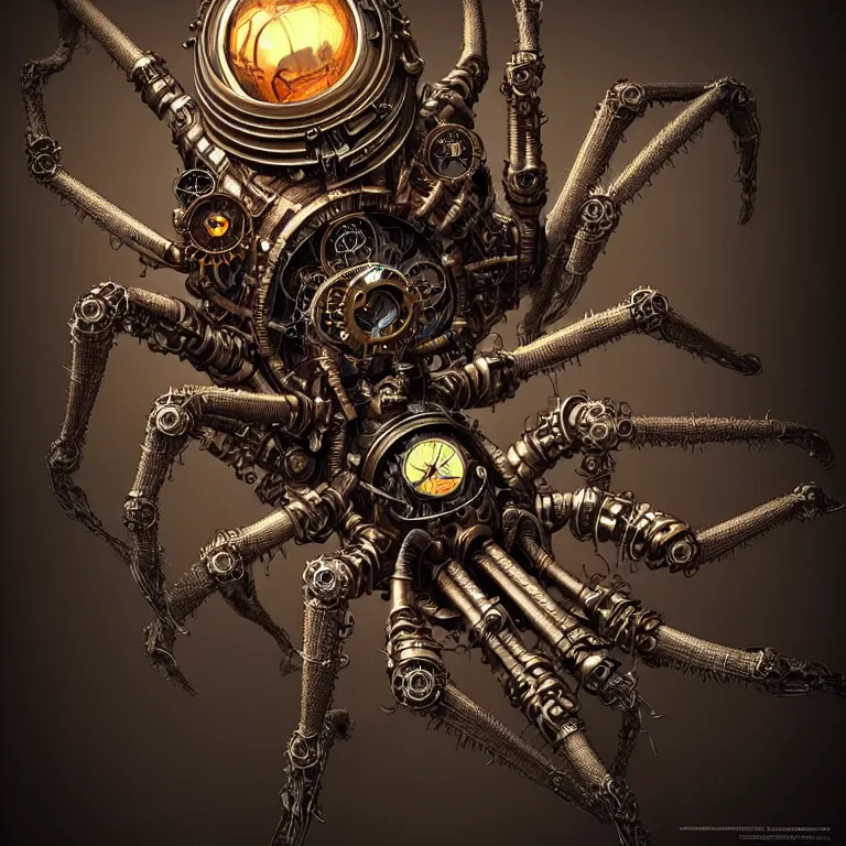 Image similar to steampunk spider, biomechanical, very coherent symmetrical artwork, 3 d model, unreal engine realistic render, 8 k, micro detail, intricate, elegant, highly detailed, centered, digital painting, artstation, smooth, sharp focus, illustration, artgerm, tomasz alen kopera, by wlop