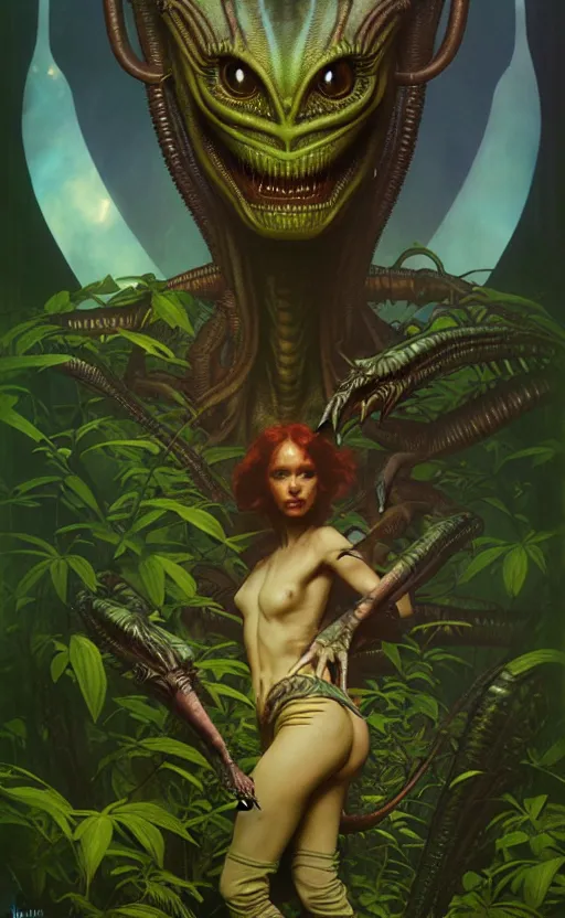 Image similar to alien magic creature poster art, humanoid, lush fantasy forest, movie art, by lucusfilm, weta studio, tom bagshaw, james jean, frank frazetta alphonso mucha, norman rockwell, 8 k, denoised