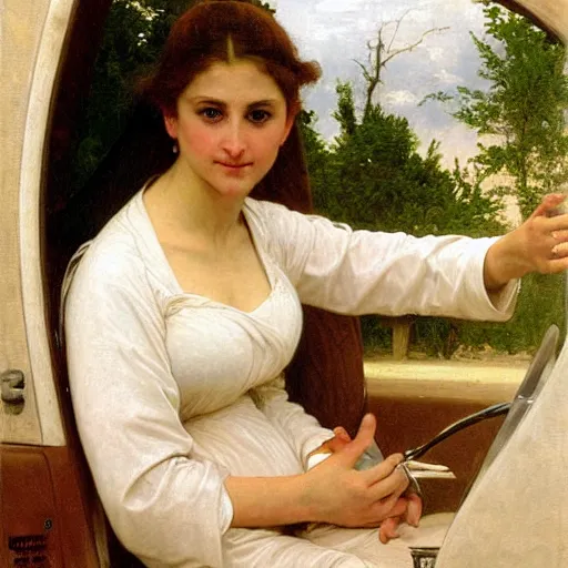 Image similar to an oil painting of an angel driving a car in a restaurant drive through, one hand on the steering wheel, exterior view, by Bouguereau, highly realistic and intricate