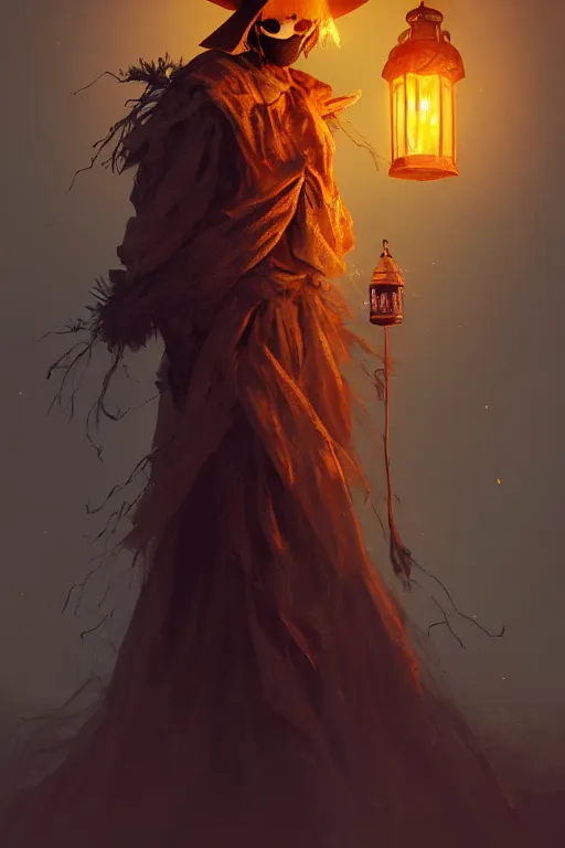 Prompt: portrait of a haunted scarecrow, crow on shoulder, holding a lantern, halloween night, charlie bowater, artgerm, ilya kuvshinov, krenz cushart, ruan jia, realism, ultra detailed, 8 k resolution