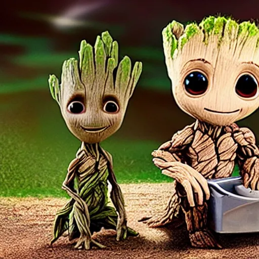 Image similar to baby groot with a cute white dog, sitting in a field, surrounded by fireflies