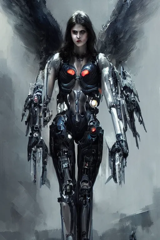 Prompt: Alexandra Daddario as a beautiful cybernetic angel of death. Digital art, trending on artstation. Jeremy Mann.