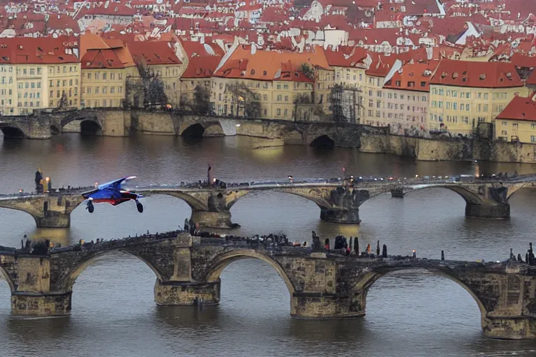 Image similar to richard gere plays iron man, flies over charles bridge in prague