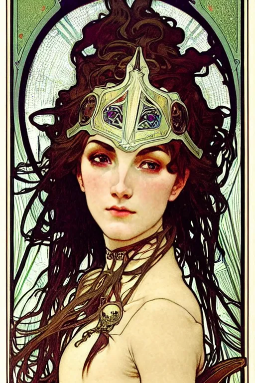 Prompt: head and shoulders portrait of an eldritch knight, elf, beautiful, female, breastplate, magical, high fantasy, d & d, by alphonse mucha, face details, extremely detailed, vogue fashion photo