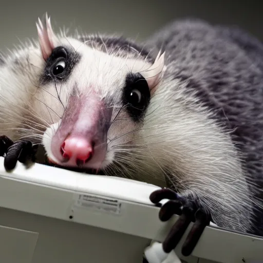 Prompt: anthropomorphic opossum wearing human clothes, laying dead on its back on a coroner's table in a morgue, bright florescent lighting, scientific and medical equipment in the background, zoomed out, movie still, photograph, 4k