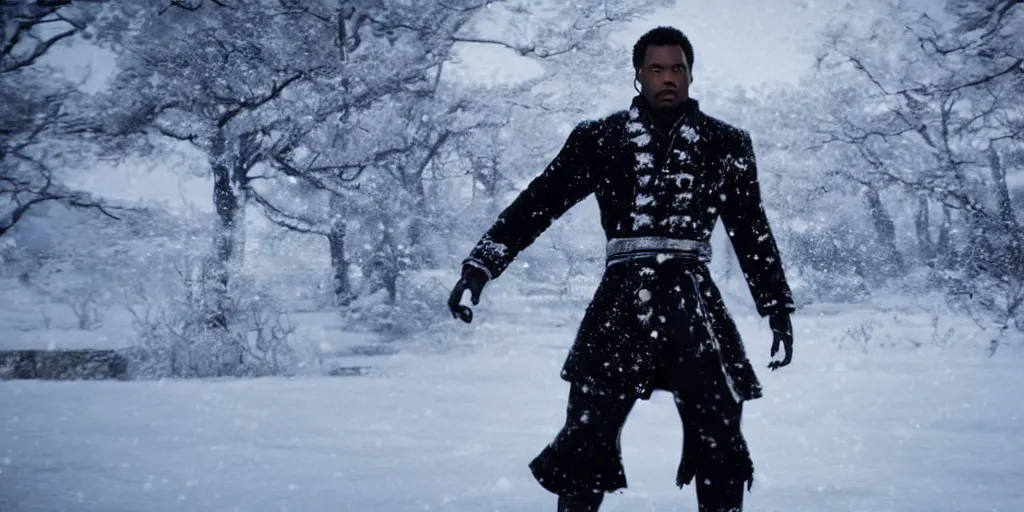 Image similar to a film still of a black man in the snow starring in a japanese blockbuster film tekken 7, shallow depth of field, cinematic, award winning cgi, vfx, film still