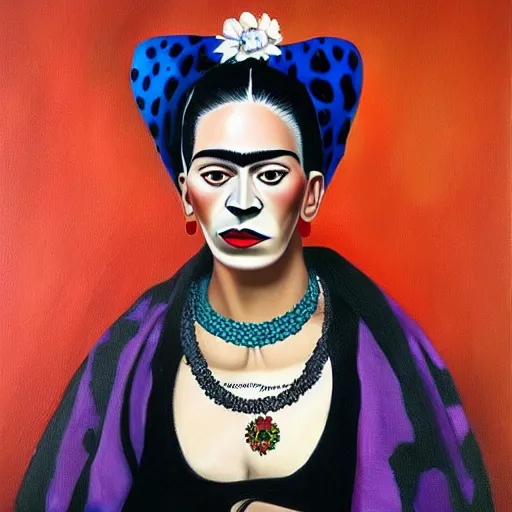 Prompt: A portrait of female Dalmatian dog as Frida Kahlo, oil painting, hyper realistic,