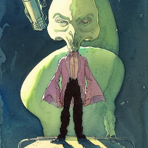 Image similar to a simple and atmospheric watercolour portrait of a pulp sci - fi alien teacher, very muted colors, by rebecca guay, michael kaluta, charles vess and jean moebius giraud