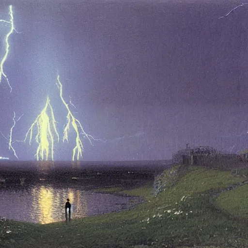 Prompt: landscape of lightning in the style of john atkinson grimshaw